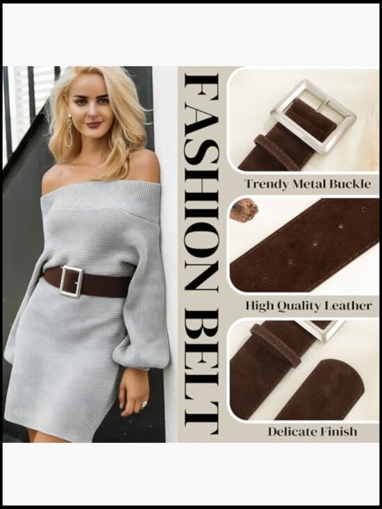 Wide Suede Leather Belt for Dresses, Thick Retro Style with Silver Buckle main image 7